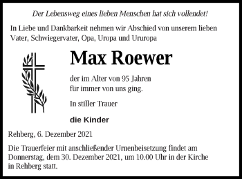 Traueranzeige von Max Roewer von Strelitzer Zeitung