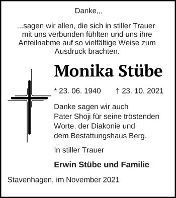 Traueranzeige von Monika Stübe von Mecklenburger Schweiz