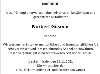 Traueranzeige von Norbert Güsmar von Haff-Zeitung