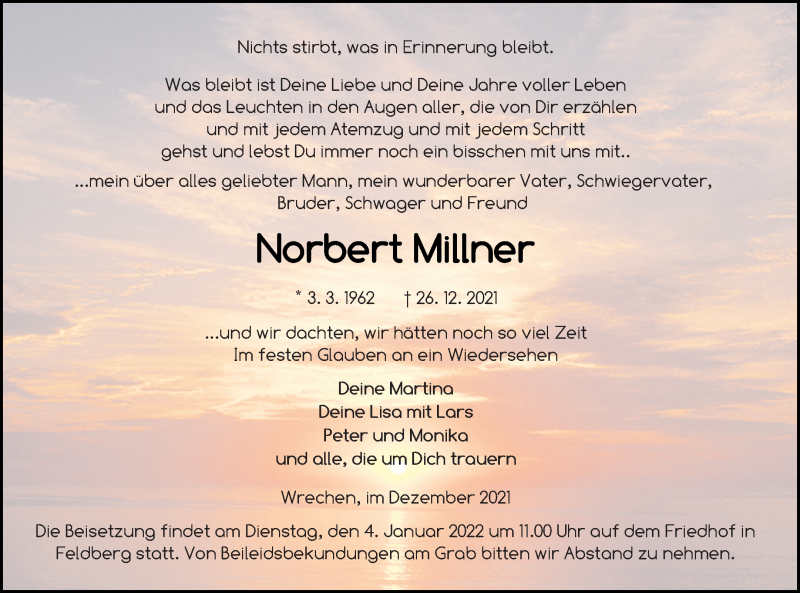  Traueranzeige für Norbert Millner vom 30.12.2021 aus Neubrandenburger Zeitung