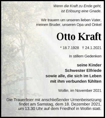 Traueranzeige von Otto Kraft von Prenzlauer Zeitung