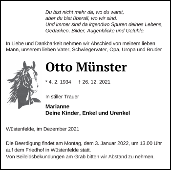 Traueranzeige von Otto Münster von Vorpommern Kurier