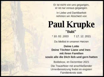 Traueranzeige von Paul Krupke von Vorpommern Kurier