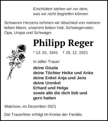 Traueranzeige von Philipp Reger von Müritz-Zeitung