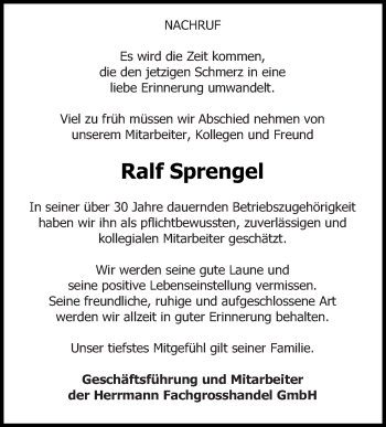 Traueranzeige von Ralf Sprengel von Neubrandenburger Zeitung