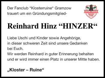 Traueranzeige von Reinhard Hinz von Prenzlauer Zeitung