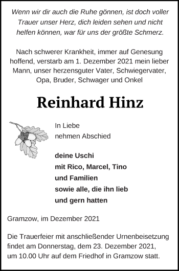 Traueranzeige von Reinhard Hinz von Prenzlauer Zeitung