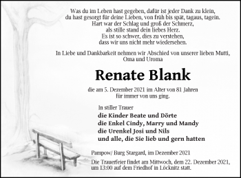 Traueranzeige von Renate Blank von Neubrandenburger Zeitung