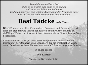 Traueranzeige von Resi Tädcke von Müritz-Zeitung