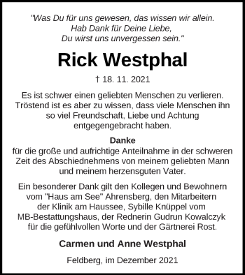 Traueranzeige von Rick Westphal von Strelitzer Zeitung