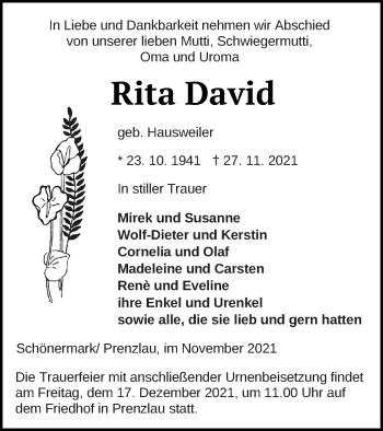 Traueranzeige von Rita David von Prenzlauer Zeitung