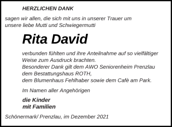 Traueranzeige von Rita David von Prenzlauer Zeitung