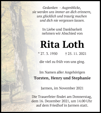 Traueranzeige von Rita Loth von Vorpommern Kurier