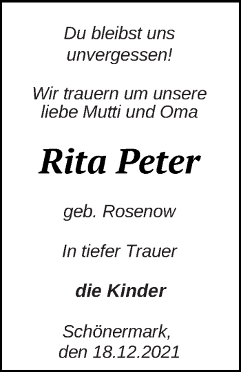 Traueranzeige von Rita Peter von Prenzlauer Zeitung