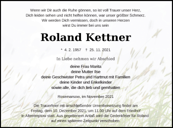 Traueranzeige von Roland Kettner von Neubrandenburger Zeitung