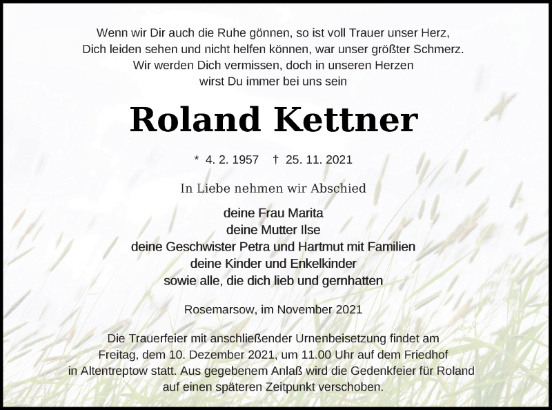  Traueranzeige für Roland Kettner vom 01.12.2021 aus Neubrandenburger Zeitung
