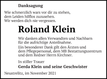 Traueranzeige von Roland Klein von Strelitzer Zeitung