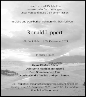 Traueranzeige von Ronald Lippert von Müritz-Zeitung