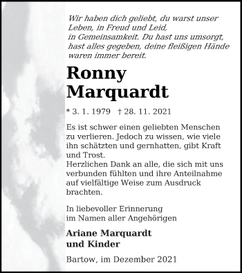 Traueranzeige von Ronny Marquardt von Haff-Zeitung