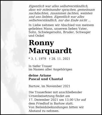 Traueranzeige von Ronny Marquardt von Neubrandenburger Zeitung