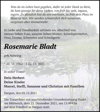 Traueranzeige von Rosemarie Bladt von Mecklenburger Schweiz