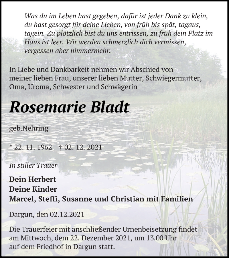  Traueranzeige für Rosemarie Bladt vom 17.12.2021 aus Mecklenburger Schweiz