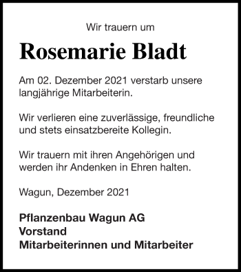 Traueranzeige von Rosemarie Bladt von Mecklenburger Schweiz