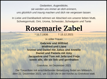 Traueranzeige von Rosemarie Zabel von Neubrandenburger Zeitung