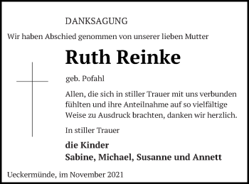 Traueranzeige von Ruth Reinke von Haff-Zeitung