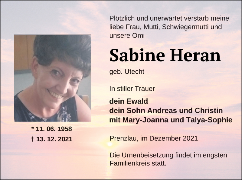  Traueranzeige für Sabine Heran vom 17.12.2021 aus Prenzlauer Zeitung