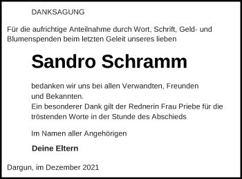 Traueranzeige von Sandro Schramm von Mecklenburger Schweiz