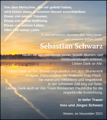 Traueranzeige von Sebastian Schwarz von Müritz-Zeitung