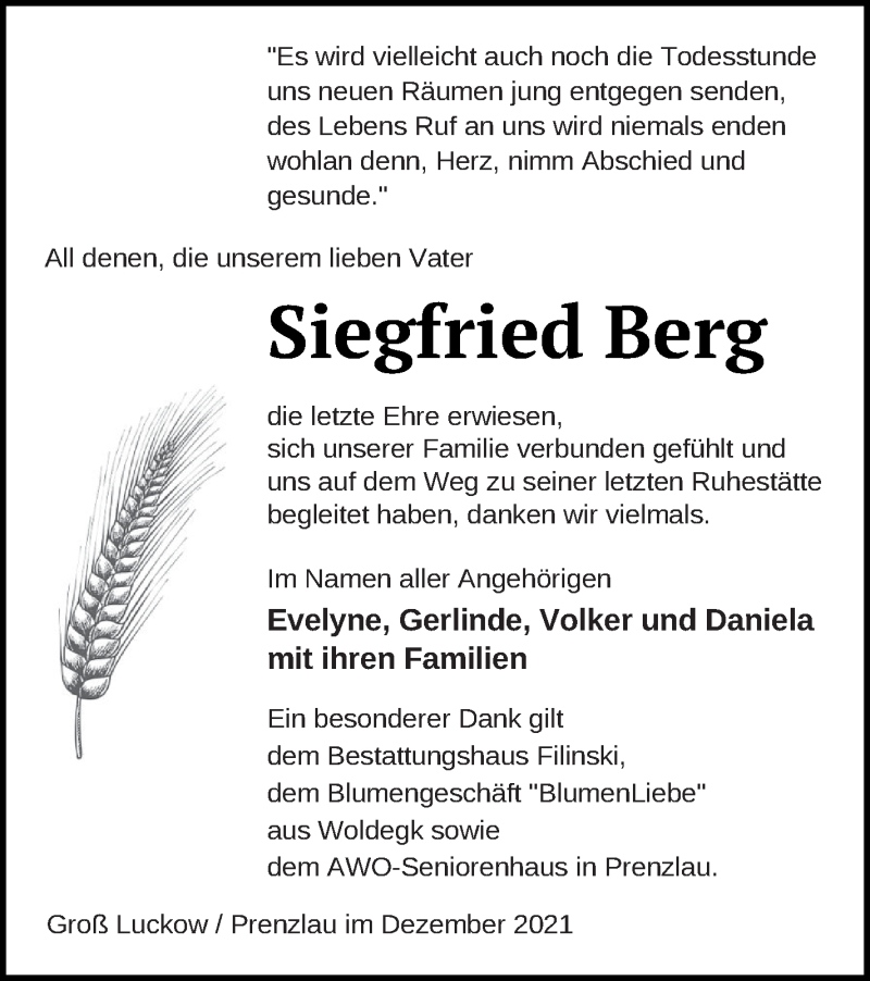  Traueranzeige für Siegfried Berg vom 21.12.2021 aus Pasewalker Zeitung
