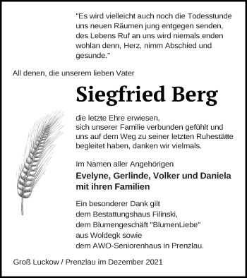 Traueranzeige von Siegfried Berg von Pasewalker Zeitung