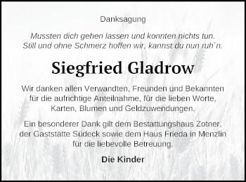 Traueranzeige von Siegfried Gladrow von Vorpommern Kurier