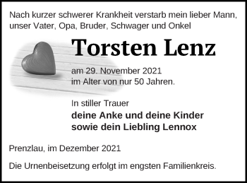 Traueranzeige von Torsten Lenz von Prenzlauer Zeitung