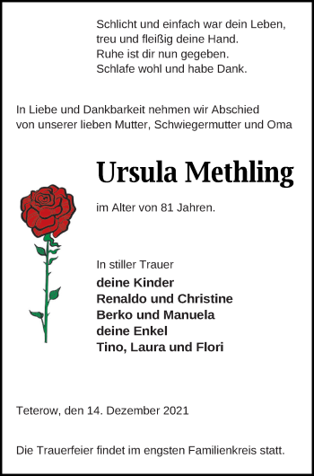 Traueranzeige von Ursula Methling von Mecklenburger Schweiz