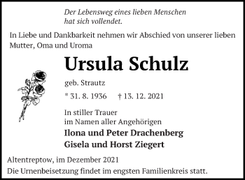 Traueranzeige von Ursula Schulz von Neubrandenburger Zeitung