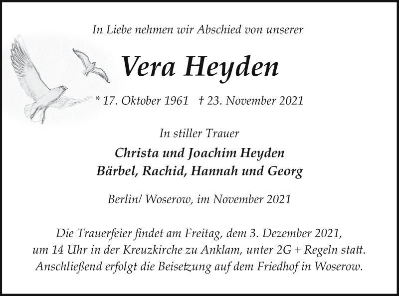  Traueranzeige für Vera Heyden vom 01.12.2021 aus Vorpommern Kurier