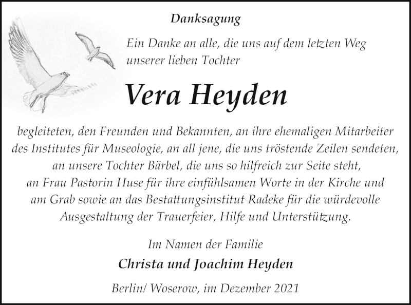  Traueranzeige für Vera Heyden vom 11.12.2021 aus Vorpommern Kurier