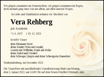 Traueranzeige von Vera Rehberg von Neubrandenburger Zeitung