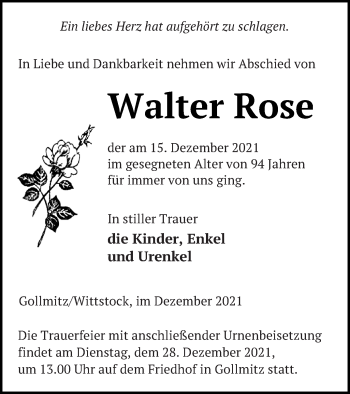 Traueranzeige von Walter Rose von Prenzlauer Zeitung