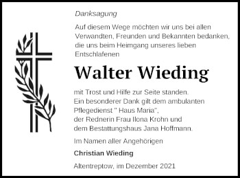 Traueranzeige von Walter Wieding von Neubrandenburger Zeitung