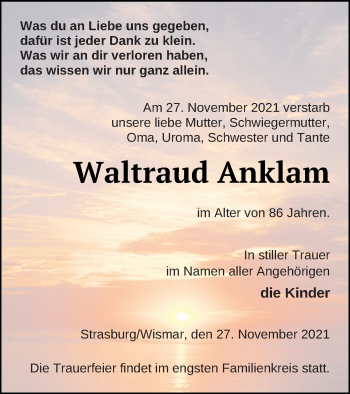 Traueranzeige von Waltraud Anklam von Pasewalker Zeitung