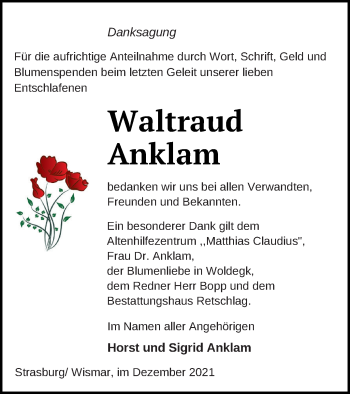 Traueranzeige von Waltraud Anklam von Pasewalker Zeitung