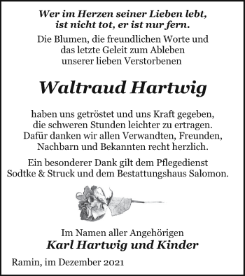 Traueranzeige von Waltraud Hartwig von Pasewalker Zeitung