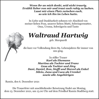 Traueranzeige von Waltraud Hartwig von Pasewalker Zeitung