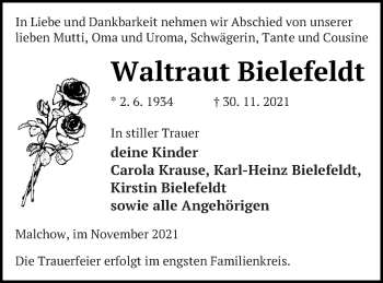 Traueranzeige von Waltraut Bielefeldt von Müritz-Zeitung