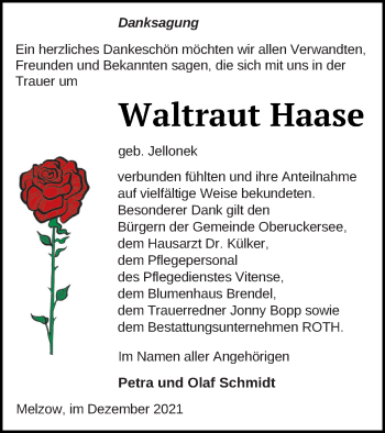 Traueranzeige von Waltraut Haase von Prenzlauer Zeitung