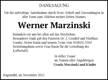 Traueranzeige von Werner Marzinski von Prenzlauer Zeitung